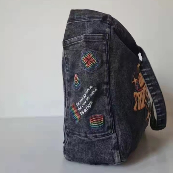 Oversized Denim Smoke Grey Embroidered  Canvas Bag Messager Bag with Zipper - Picture 11 of 13
